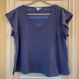 Three Dots v-neck top size L Large cotton gauze blue